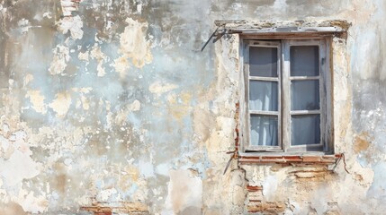 Fototapeta na wymiar an old building with peeling paint and a window with a bird perched on the window sill and a bird sitting on the window sill of the window sill.