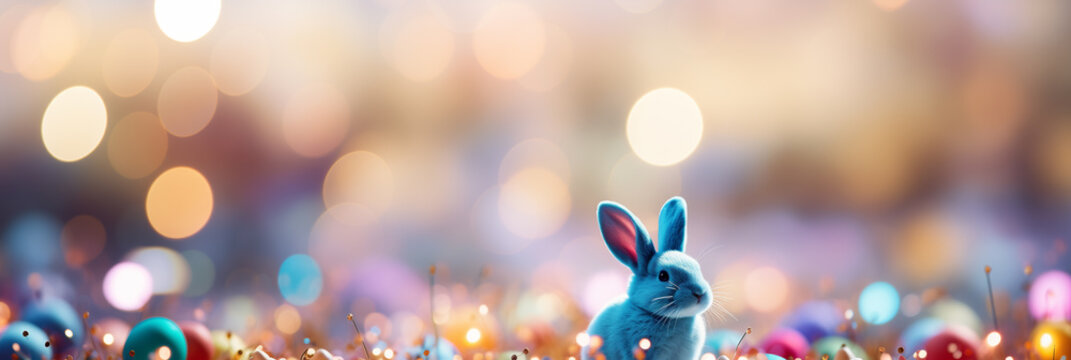 Blue toy easter bunny with blurred eggs on light background. Abstract macro photo and 3D style. Design for poster, wallpaper, print, banner, greeting card, invitation. Front view with copy space