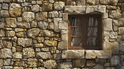  a window in a stone wall with a curtain on the window sill and a curtain on the side of the wall with a curtain on the outside of the window.