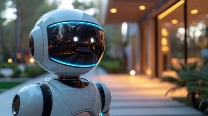 Fototapeta premium Futuristic house yard with domestic robot providing security and observation