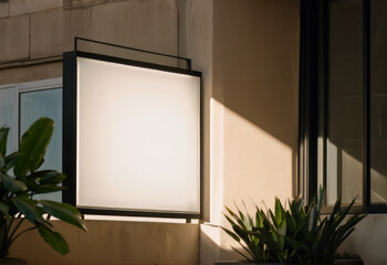 Square light box empty display on beige concrete wall outdoors, mock up