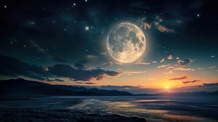  a view of a full moon over a body of water with mountains in the background and a sky filled with stars and clouds in the middle of the night sky.