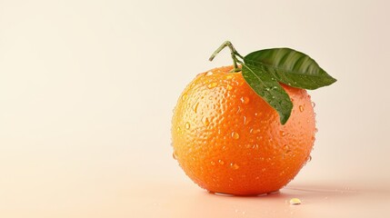  a close up of an orange with a leaf sticking out of it's top and water droplets on the top of it, on a white background, surface.