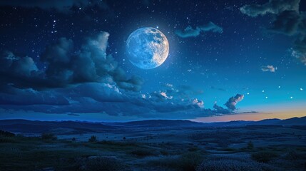  a full moon in the night sky with clouds and mountains in the foreground and a blue sky filled with stars and clouds, with a few clouds and a few stars in the foreground.