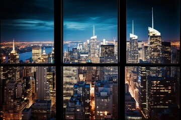 Fototapeta na wymiar Manhattan skyline view from high rise window at night, showing beautiful real estate and cityscape. Generative AI
