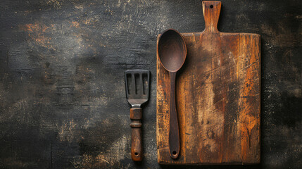 Top view of dark rustic kitchen table with wooden cutting board and cooking. Ai Generative - obrazy, fototapety, plakaty