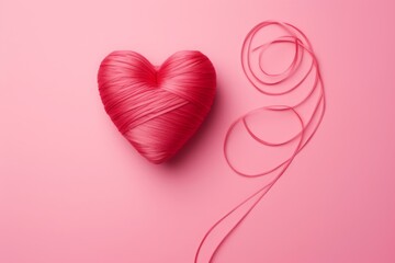 short red cord forming a heart on a pink wall. love and romantic concept