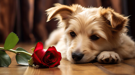 Adorable puppy lying down on a wooden floor with a red rose for Valentine's Day