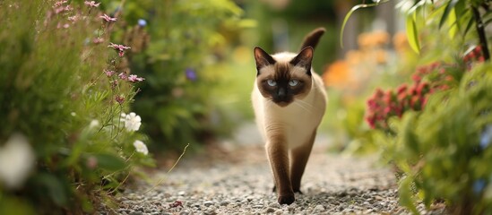 Blue-eyed Siamese cat wandering down a gravel path lined with wild flowers. - obrazy, fototapety, plakaty