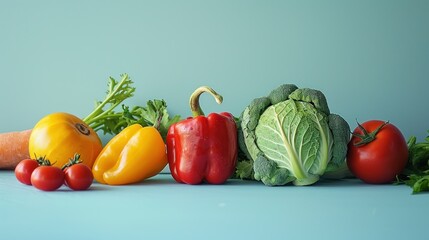  a group of vegetables sitting next to each other on top of a blue surface with a green leafy plant in the middle of the middle of the row of them.