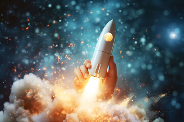 Business start up concept. A rocket ship taking off from a persons hands
