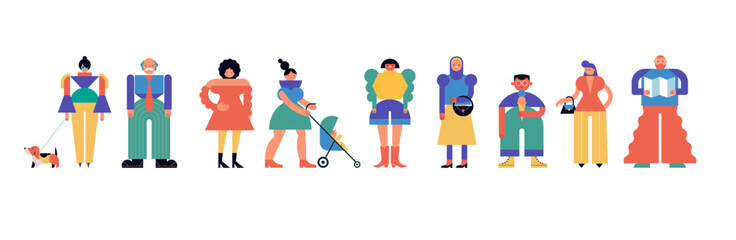 Collection of colorful people characters. Community, family or neighborhood standing together. Fun characters in geometric fun modern style. Colorful concept design.