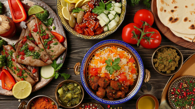 Arabic Cuisine: Middle Eastern traditional lunch. Ai Generative