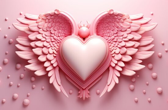 angel heart with wings. valentine's day background 3d vector illustration of an ornamental heart and gold angel wings
