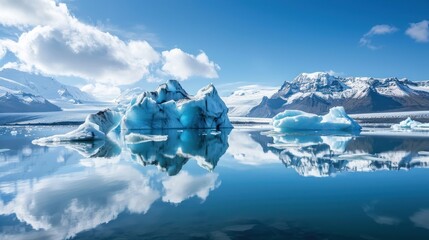  a group of icebergs floating on top of a lake surrounded by snow covered mountains and icebergs in the distance with a blue sky reflected in the water.