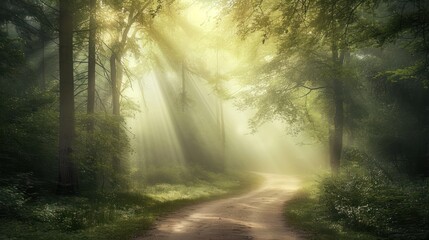Fototapeta premium a dirt road in the middle of a forest with sunbeams shining through the trees on either side of the road is a dirt road that leads to a forest.