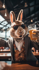 A cool, modern style  funny Easter bunny partying and celebrating Easter holiday with beer - obrazy, fototapety, plakaty
