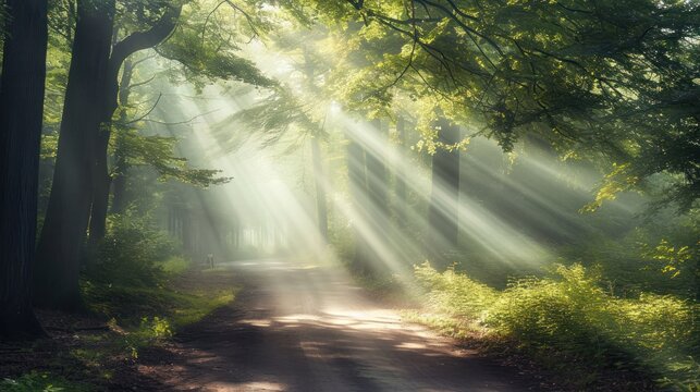  a dirt road in the middle of a forest with bright beams of light coming through the trees on either side of the road is a dirt path that runs through the woods.