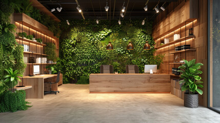 A biophilic design workspace integrating living green walls, wood and stone textures, and nature-inspired stationery, promoting sustainability and natural well-being