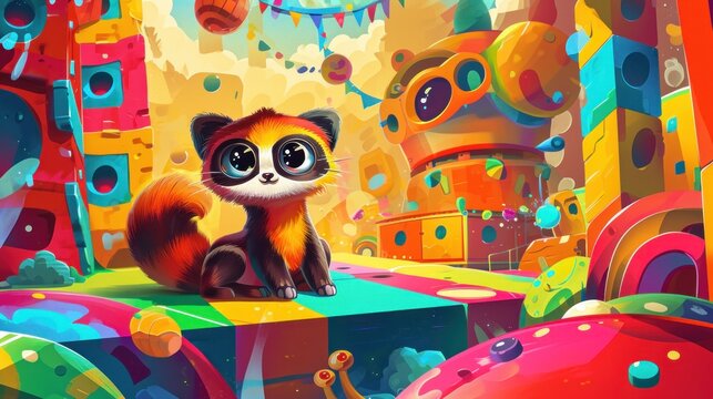  a painting of a red panda sitting on top of a box in a room filled with lots of colorful balls and streamers of paint all over the top of it.