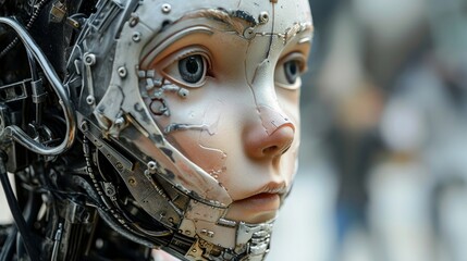 Kids boy android of five years old head robot with part of skin and metal on a face, close up,    