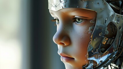 Kids boy android of five years old head robot with part of skin and metal on a face, close up,      - obrazy, fototapety, plakaty