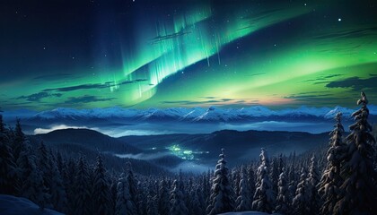 Fototapeta na wymiar View of night sky with aurora borealis and mountain peak background. Night glows in vibrant aurora reflection on the lake with forest.
