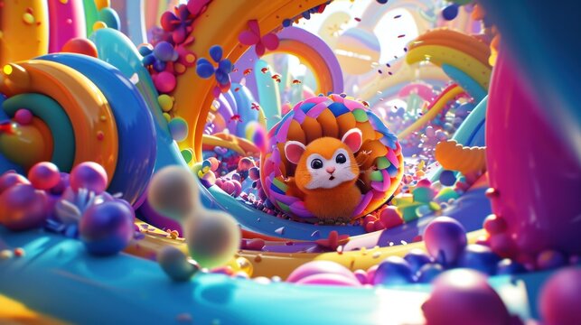  a picture of a cartoon animal in a bubble filled area with balls and streamers on the ground and a rainbow colored tunnel in the middle of the ground with bubbles.