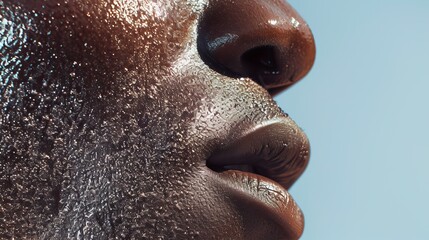Shining. Detailed texture of human skin. Close up of young african-american male body surface like landscape with the sky on background. Skincare, bodycare, healthcare, inspiration, fantasy artwork. 