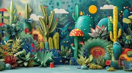  a painting of a cactus garden with a lot of cacti and a house in the middle of the garden with a lot of cacti and a lot of cacti.