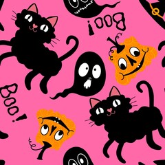 Halloween cartoon animals seamless cats and pumpkins and ghost pattern for wrapping paper and fabrics