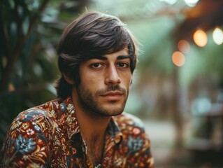 Fototapeta premium Photorealistic Adult Persian Man with Brown Straight Hair vintage Illustration. Portrait of a person in 1970s era aesthetics. Disco fashion. Historic photo Ai Generated Horizontal Illustration.