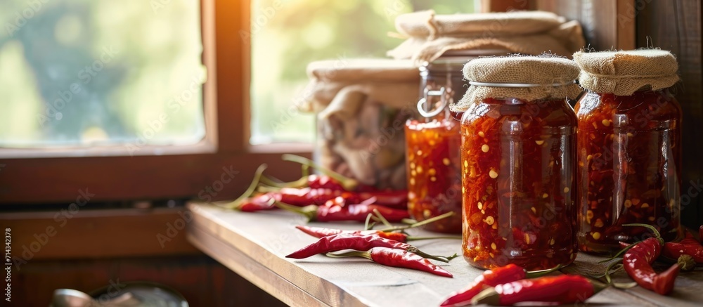 Wall mural bright window holding jars of tasty red pepper jelly.