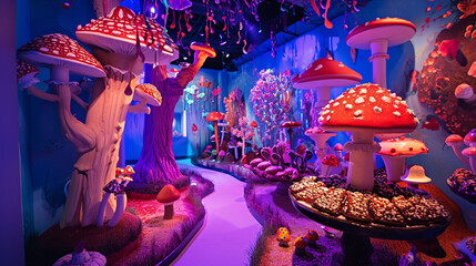 A magical forest of edible mushrooms and candy trees invites you to explore. Ai Generative
