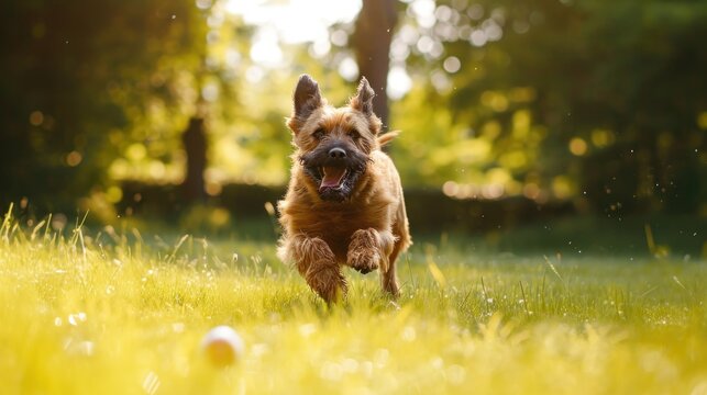  a dog running through a grassy field with a ball in the foreground and a tree in the backgrouch in the backgrouch of the photo.