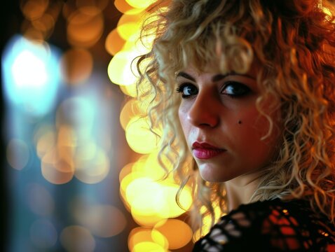 Photorealistic Adult Persian Woman with Blond Curly Hair vintage Illustration. Portrait of a person in 1970s era aesthetics. Disco fashion. Historic photo Ai Generated Horizontal Illustration.