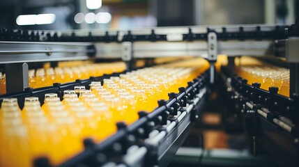 Modern beverage factory interior with juice bottles on belt conveyor, industrial equipment - obrazy, fototapety, plakaty