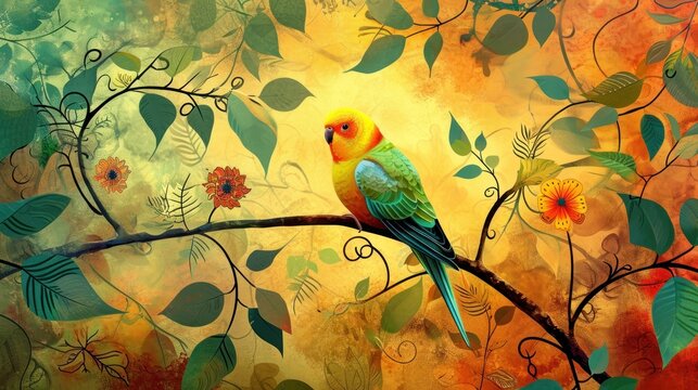  a painting of a colorful bird perched on a branch with leaves and flowers on a yellow, green, red, orange, and yellow background of leaves and yellow colors.