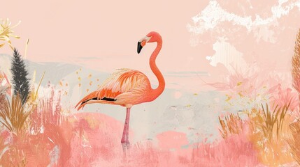  a painting of a pink flamingo standing in a field of tall grass with a pink sky in the background and a pink sky with white clouds in the foreground.