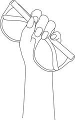 Drawing of a woman's right hand holding glasses with clear lenses POV