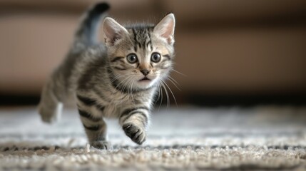  a small kitten walking across a carpeted floor next to a brown and white couch on top of a carpeted floor next to a brown and white carpeted couch.