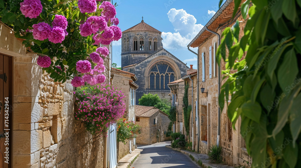 Wall mural Romanesque cathedral with round arches and heavy stone construction, nestled in a quaint European village with cobblestone streets and blooming flowers