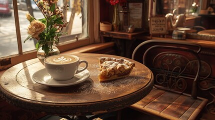  a cup of coffee and a piece of pie on a table in front of a window with a view of the street outside of the window and a bench with a vase of flowers. - obrazy, fototapety, plakaty