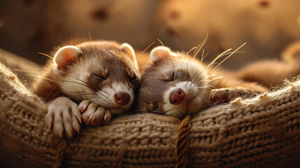 ferrets during their nap time, showcasing their peaceful and content expressions. The setting is a comfortable indoor space with gentle, ambient lighting, creating a calm and serene atmosphere