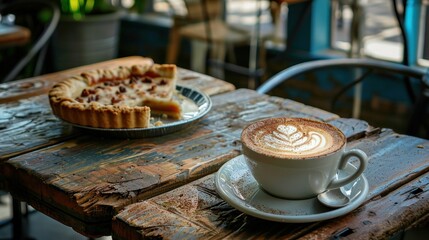  a cup of cappuccino sits on a wooden table next to a piece of pie on a plate on a saucer on top of a wooden table.