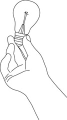 Hand drawn right hand holding a light bulb in its fingers pov