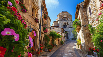 Romanesque cathedral with round arches and heavy stone construction, nestled in a quaint European village with cobblestone streets and blooming flowers