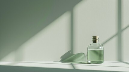 Obraz premium a bottle of green liquid sitting on top of a table next to a shadow of a light coming from a window on the side of the wall of a white wall.