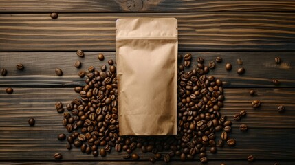 Bag of Coffee Beans on Wooden Table - obrazy, fototapety, plakaty
