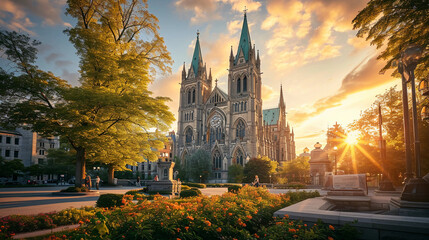 Fototapeta premium Gothic cathedral with intricate stained glass windows and towering spires, surrounded by a serene garden at sunset, the golden light casting long shadows